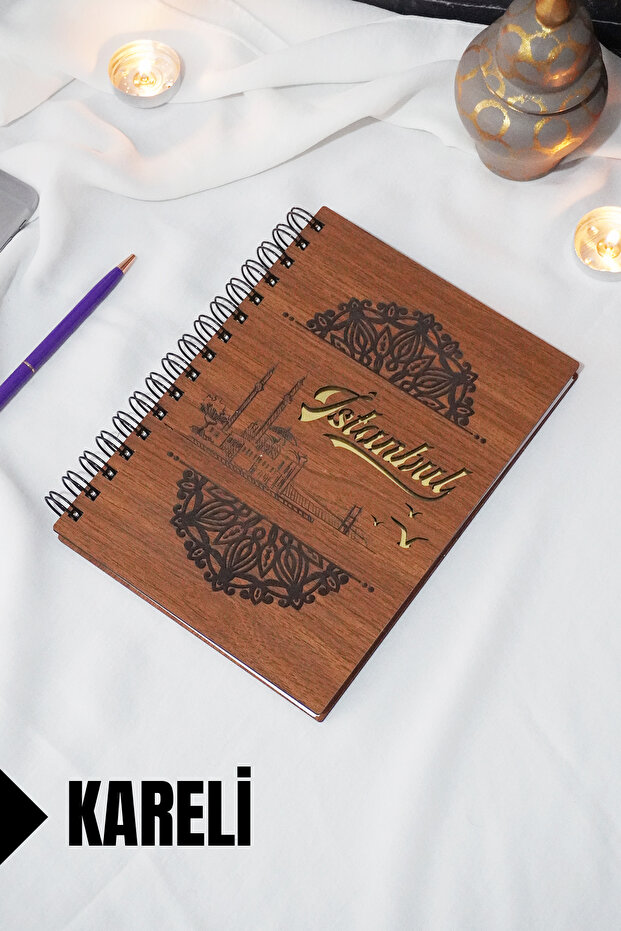 Istanbul Themed Wooden Cover Notebook - Checkered Notebook - Agenda - School Notebook (A5 - 120 Pages)