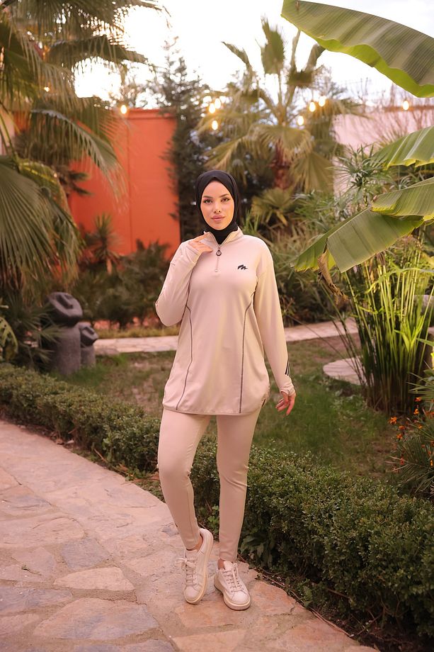 Kadın Yarım Fermuarlı Dalgıç Kumaş Standart Kalıp Jogger Eşofman Takımı - 6