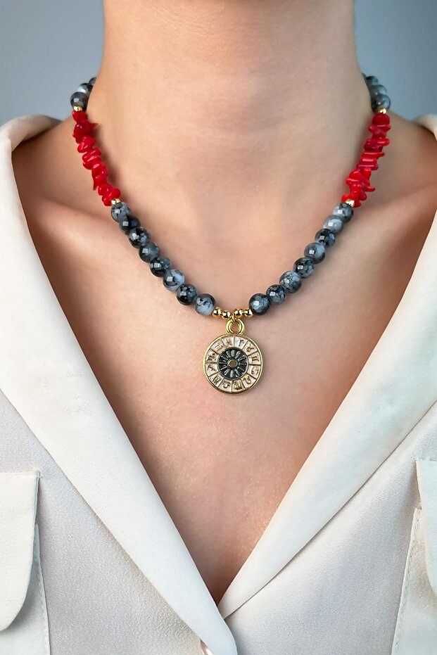 Zodiac Medallion End Coral Natural Stone Bead Necklace - Gray