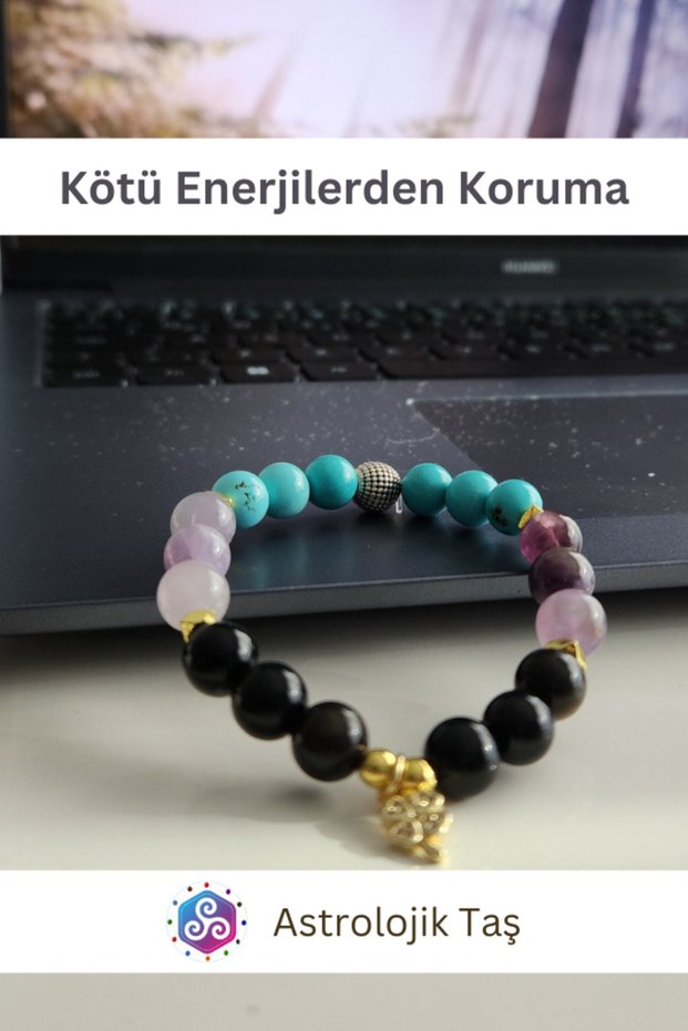 Certified Protection from Negative Energies Natural Stone Bracelet (Turquoise, Amethyst, Obsidian)