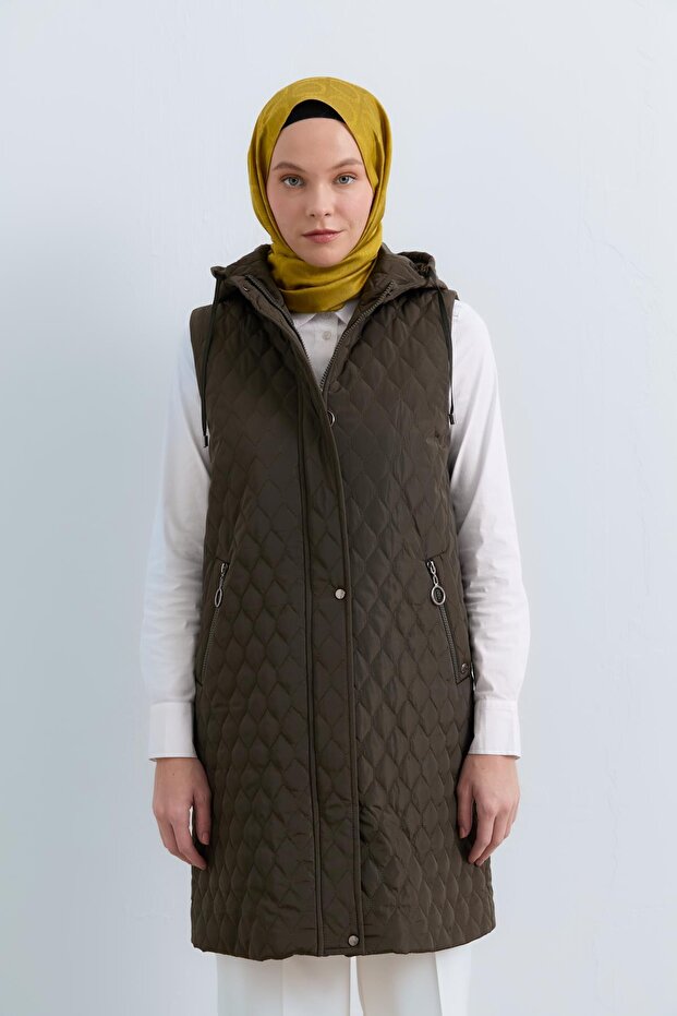 Cep Detaylı Kapitone Yelek Haki - 1