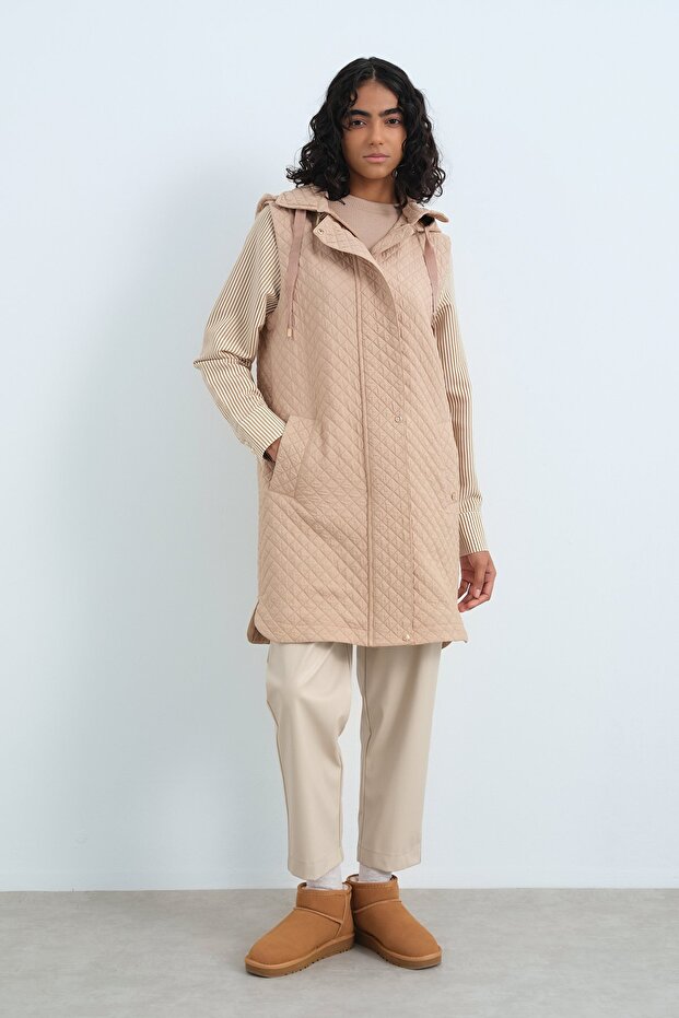 İnce Kapitone Yelek Camel - 3