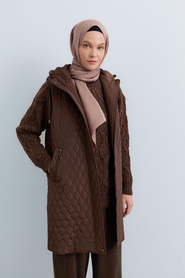 Cep Detaylı Kapitone Yelek Kahve - 3