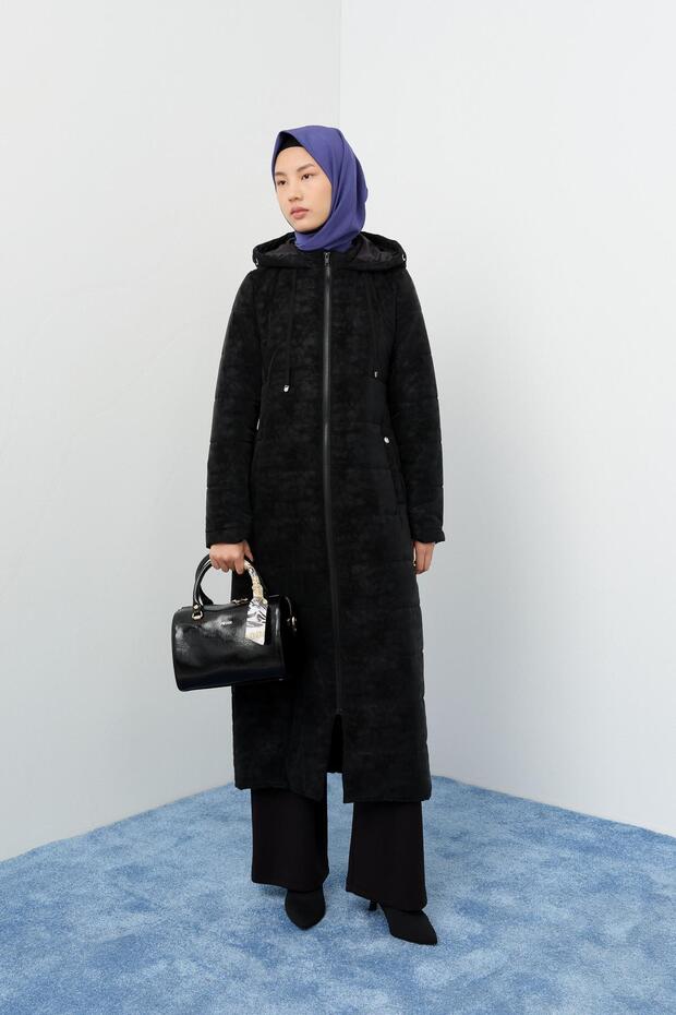 Kapşonlu Kapitone Manto Siyah - 1