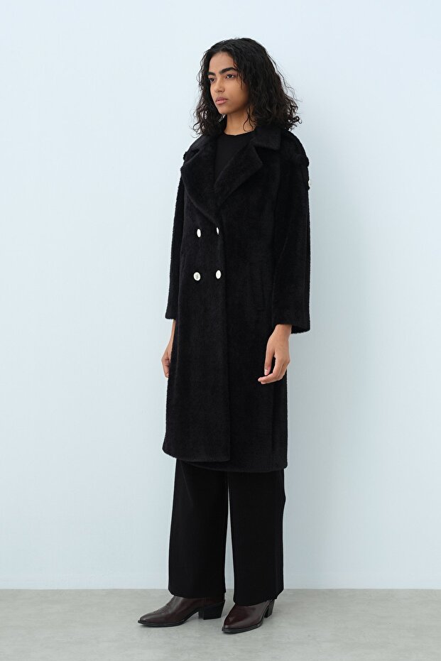Black Double Breasted Angora Coat - 1