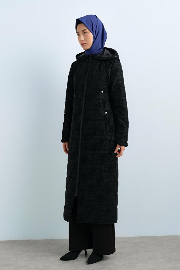 Kapşonlu Kapitone Manto Siyah - 3