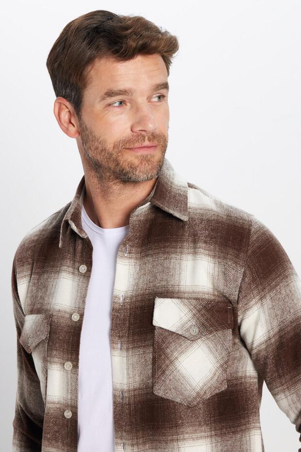 Men's Slim Fit Slim Fit Double Pocket Checked Winter Lumberjack Shirt