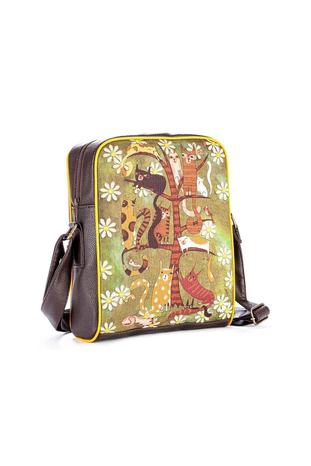 Ethnic Bohemian Style Large Postman Shoulder Bag with Cat Figure - Brown