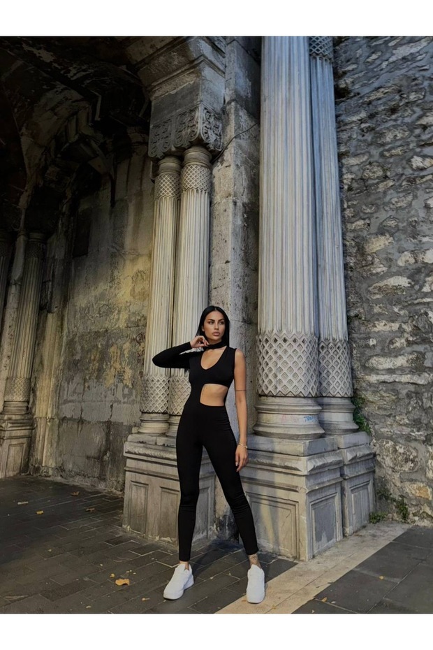 likralı Sandy kumaş dekolteli maxi boy tulum - 6