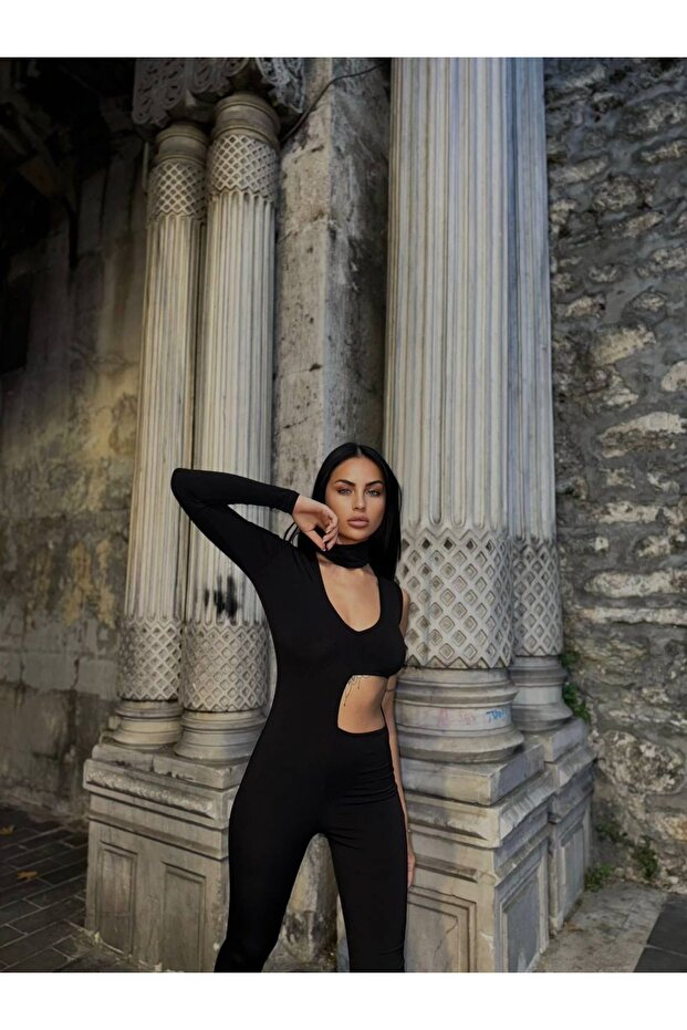 likralı Sandy kumaş dekolteli maxi boy tulum - 1