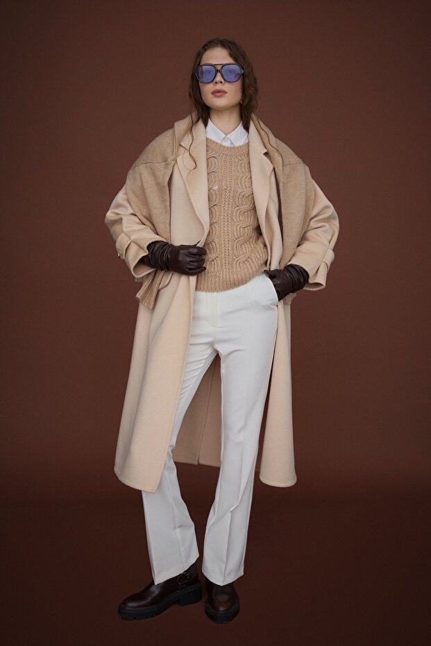 Oversize %100 Yün Kaban Bej - 1