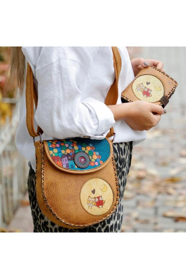 Owl Figured Design Cross Braided Shoulder Bag Mustard and Wallet Mustard Combination