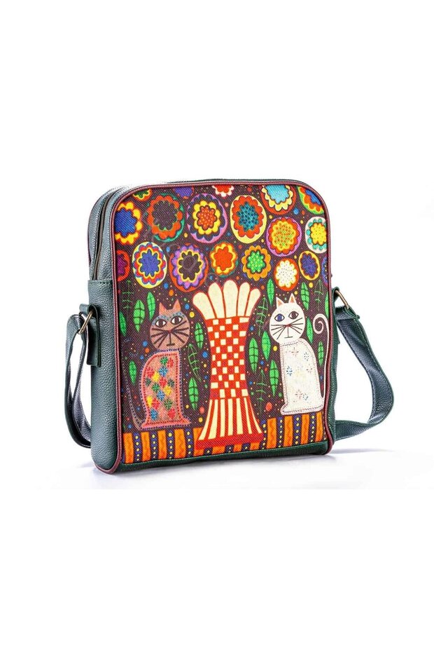 Large Postman Shoulder Bag with Vase and Cat Figure Ethnic Bohemian Style - Green