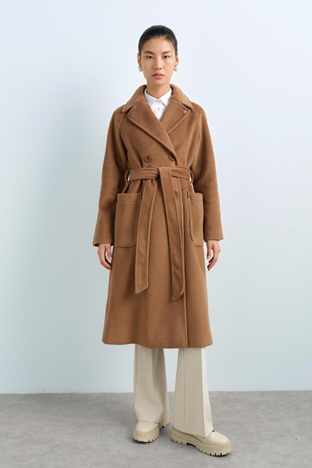 Double Breasted Belted Coat Camel