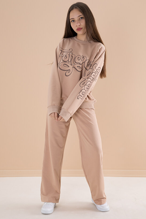 Beige Text Printed Girls' Elastic Waist Sweatpants Set 19896
