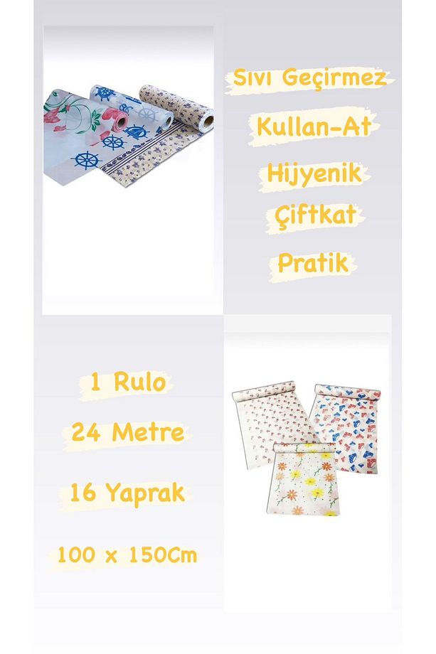 Kullan At Kağıt Masa Örtüsü 24 Metre Tek Kullanımlık  Desenli 100 X 150cm 16 Yaprak Sıvı Geçirmez - 1