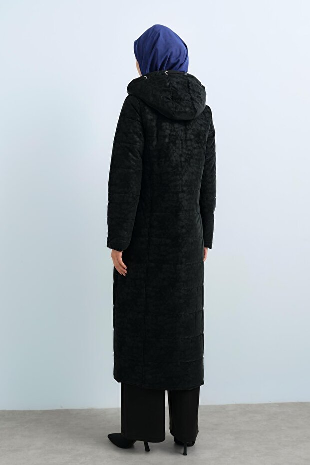 Kapşonlu Kapitone Manto Siyah - 6