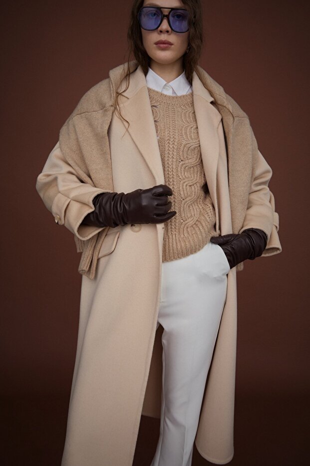 Oversize %100 Yün Kaban Bej - 5