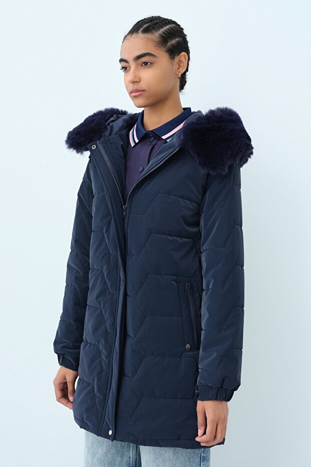 Mobile Fur Hooded Quilted Coat Navy Blue