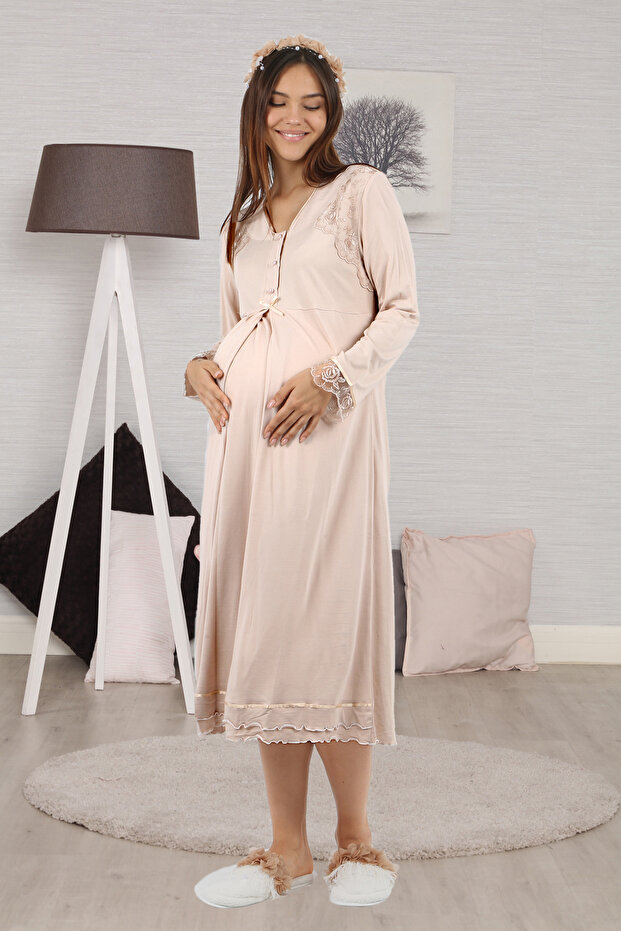 Milky Brown Lace Detailed Maternity Nightgown Effortt