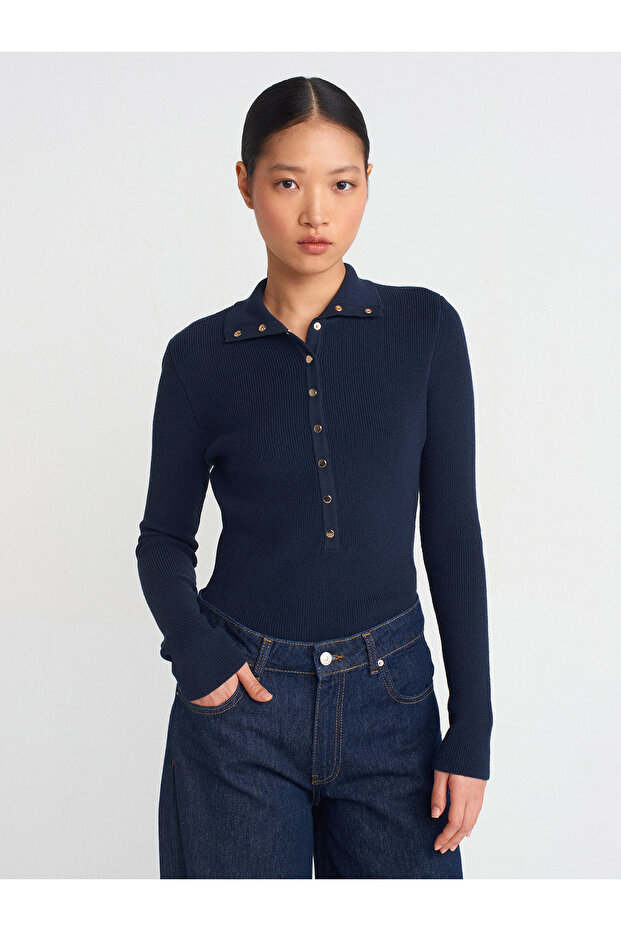 10686 Stand Collar Snap Fastener Sweater-Navy Blue