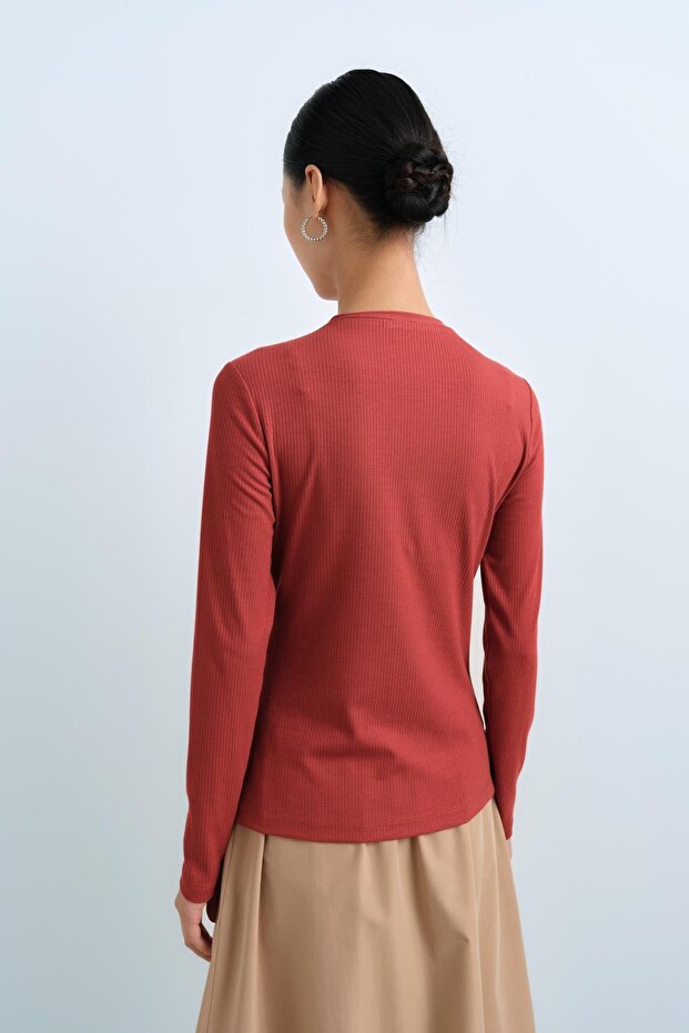 Sıfır Yaka Bluz Kiremit - 4