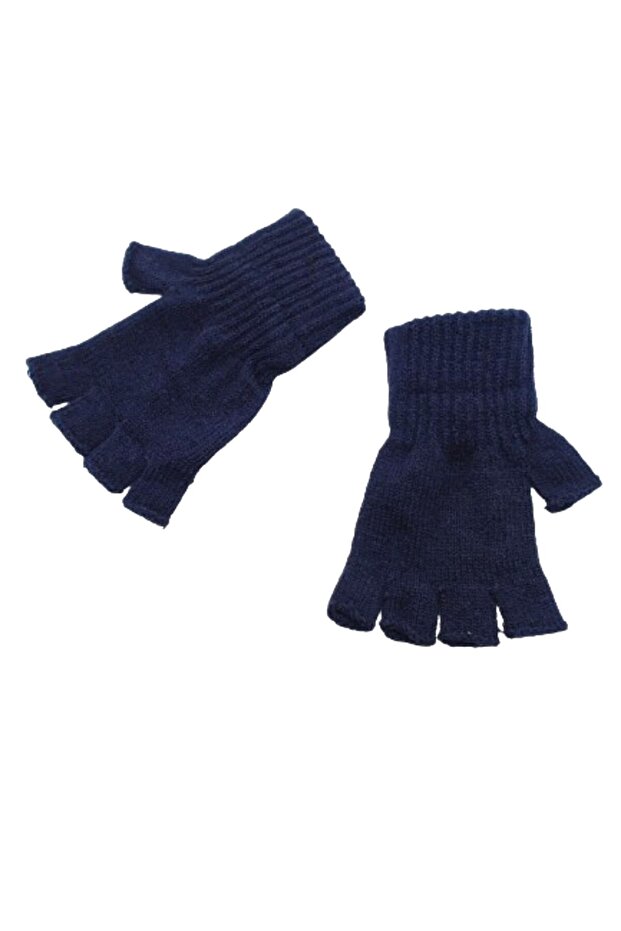 Winter Navy Blue Fingerless Cut-Out Half Finger Soft Textured Knitted Gloves