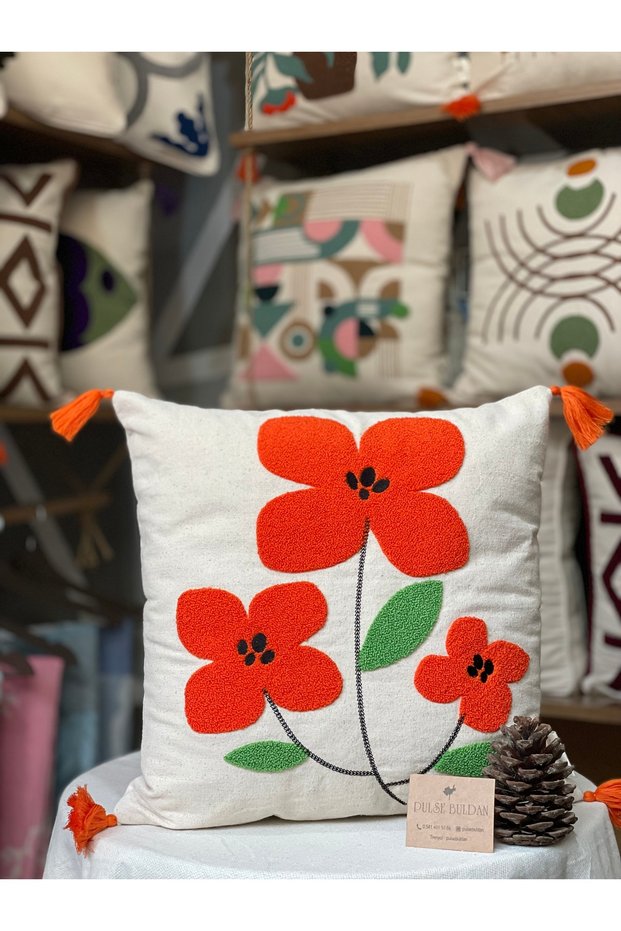 Orange Color Floral and Tasseled 2-Piece Throw Pillow Cover