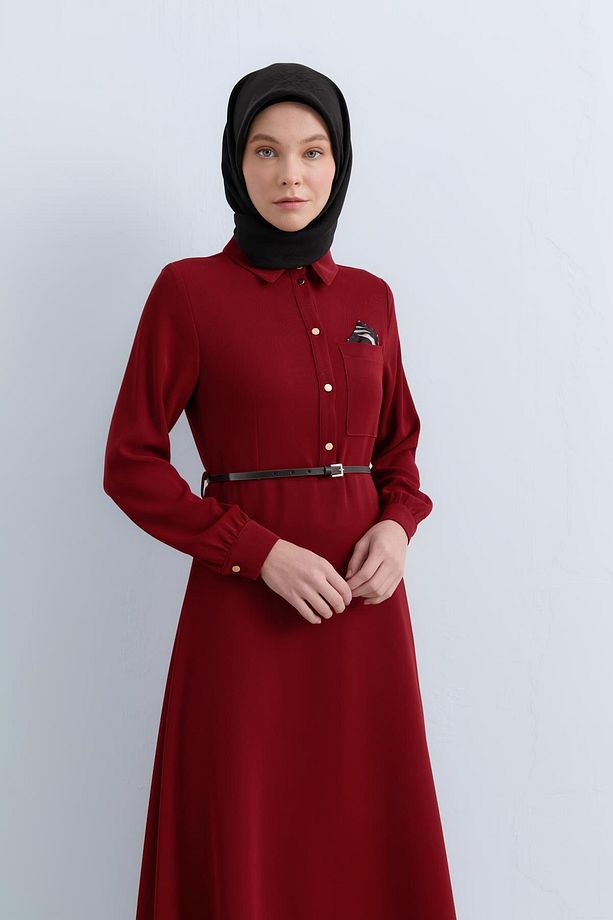 Cep Mendilli Gömlek Yaka Elbise Bordo - 3