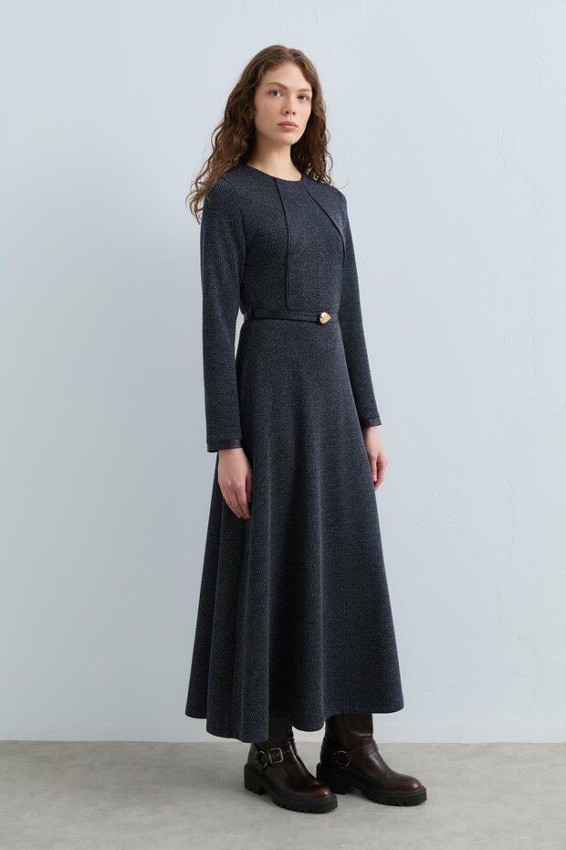 Kemerli Örme Elbise Lacivert - 6