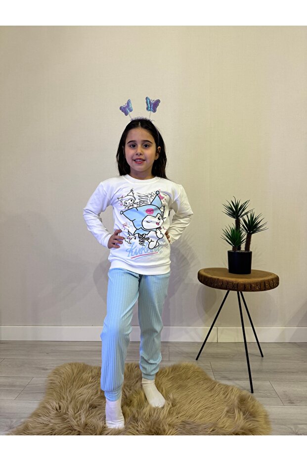 Children's Kuromi Patterned Pajamas Set Comfortable and Cotton Pajamas Set with Six Ribbed Printed Top
