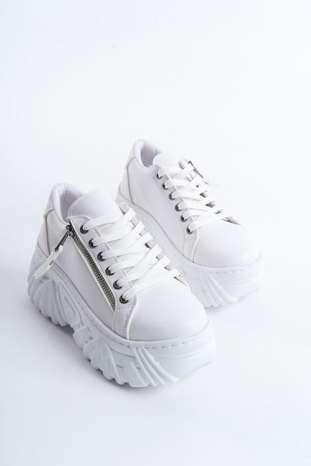 Lara Fermuarlı Platform Yüksek Taban Spor Ayakkabı Kadın Beyaz Sneaker - 2