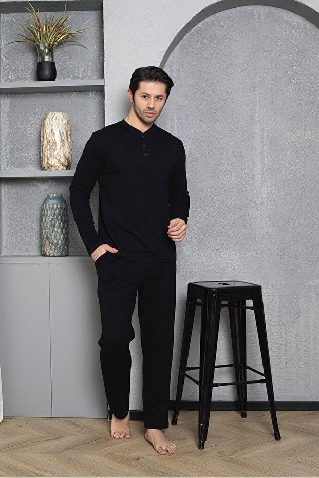 Men's Buttoned Collar 100% Cotton Seasonal Knitted Combed Cotton Long Sleeve Pajamas Set