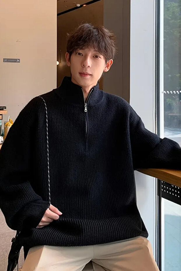 Men's Oversize Zippered Fishing Knitwear Sweater