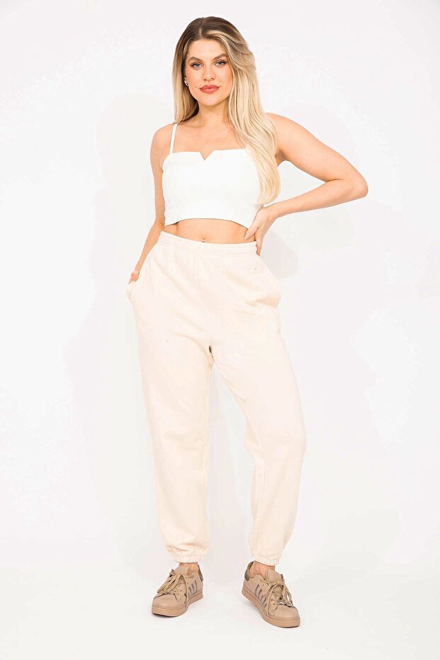 Női nagyméretű bézs 3 szálú polár szövet bordás tréningruha alsó 65n35293 - 4