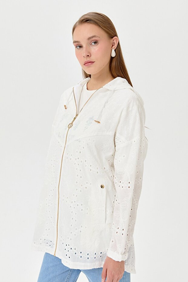 Kapşonlu Brode Ceket Ekru - 3