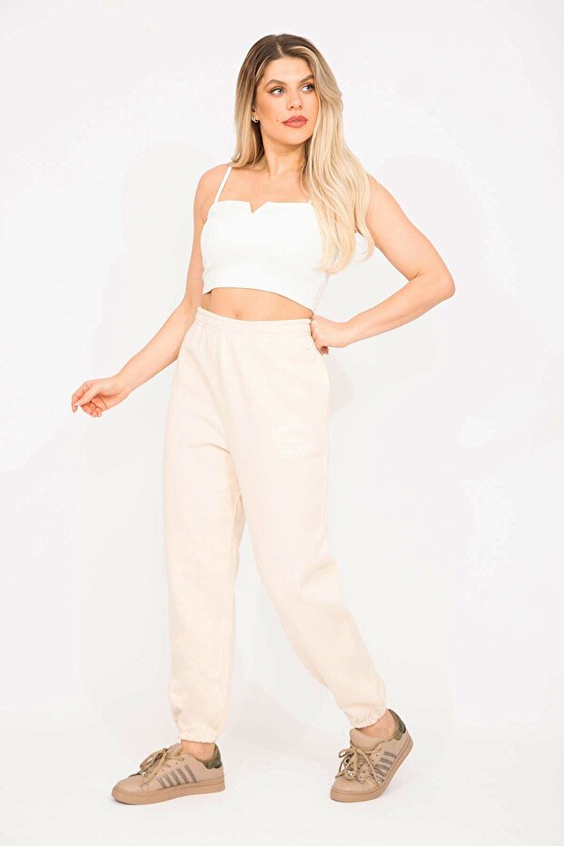 Női nagyméretű bézs 3 szálú polár szövet bordás tréningruha alsó 65n35293 - 1