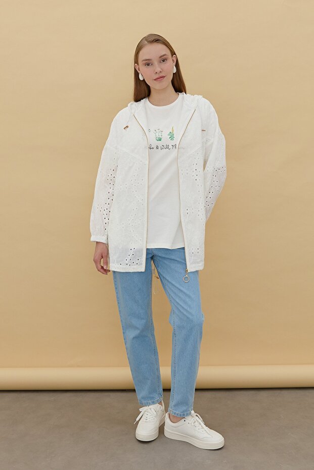 Kapşonlu Brode Ceket Ekru - 8