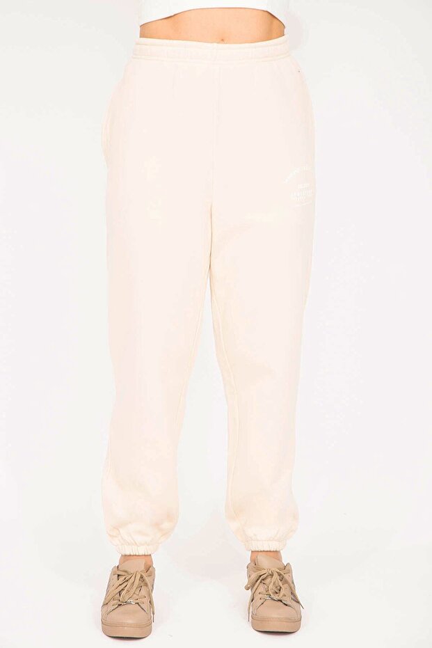 Női nagyméretű bézs 3 szálú polár szövet bordás tréningruha alsó 65n35293 - 7