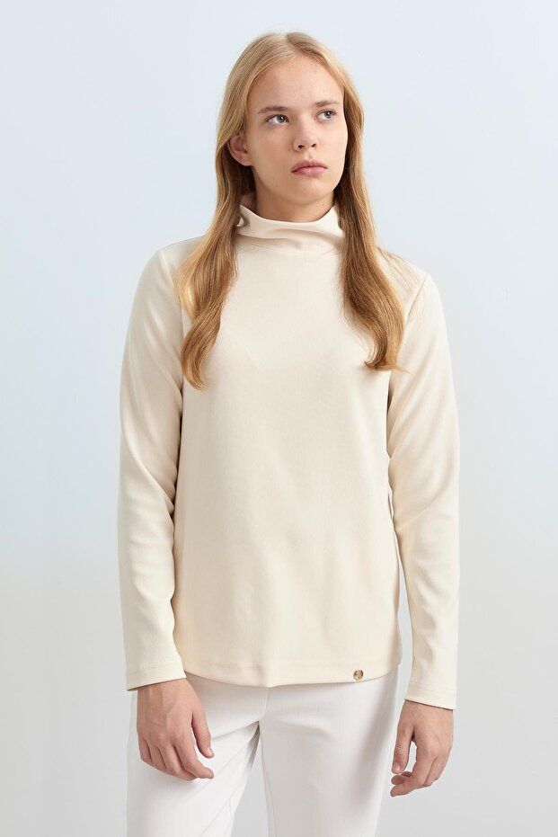 Dik Yaka Basic Örme Bluz Ekru - 1