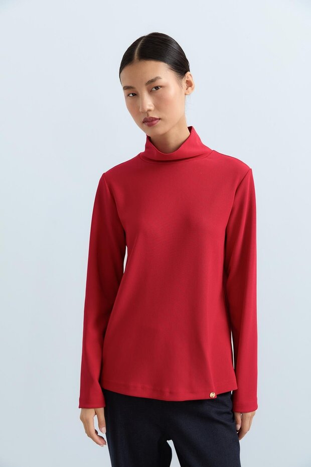 Dik Yaka Basic Örme Bluz Kırmızı - 2