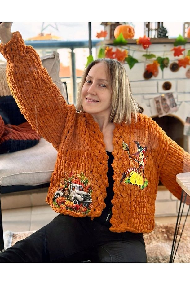 El örgüsü pumpkin baskılı puffy polar chunky hırka - 5