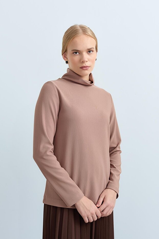 Dik Yaka Basic Örme Bluz Vizon - 2