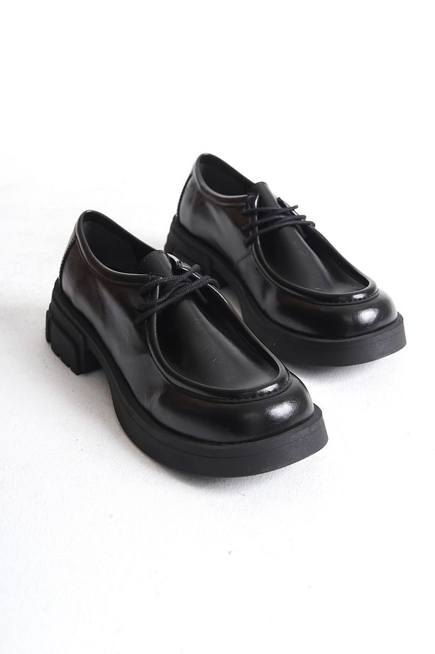 Kadın Loafer Makosen Bağcıklı Kalın Taban Günlük Ayakkabı Forel Siyah - 8