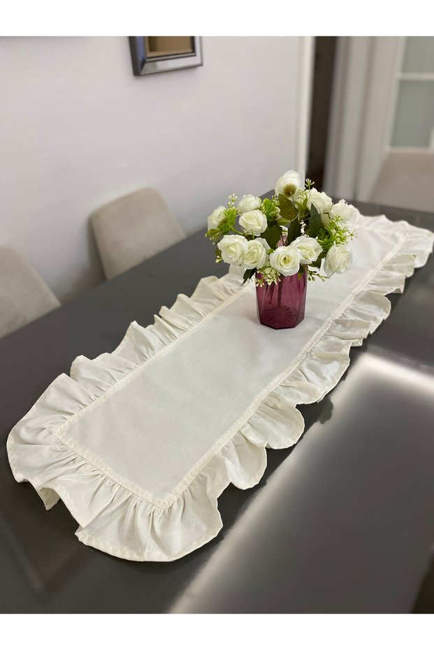 Cream Linen Fabric Ruffle Runner / Coffee Table Cover (Custom Size and Color Made)