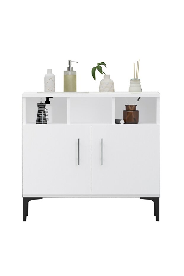 Medium Height Cabinet with 2 Door Storage and 3 Open Shelf-White