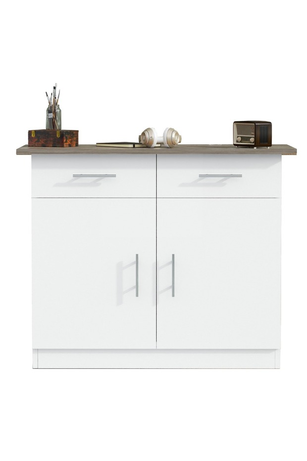 Medium Height Cabinet with 2 Drawers and 2 Door Storage-Dark Grey Chicago Concrete and White