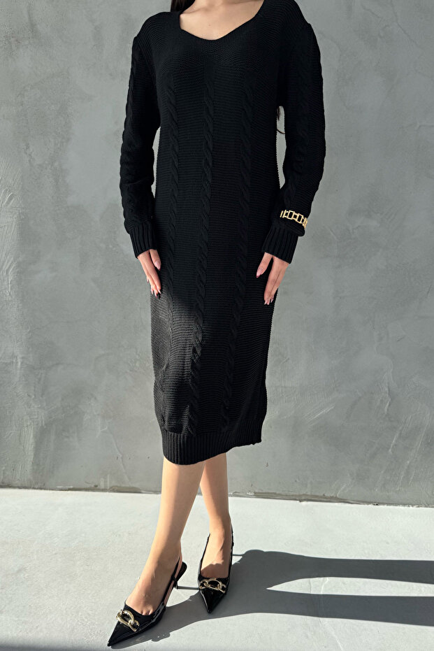 Siyah V Yaka Örgü Triko Elbise - 3