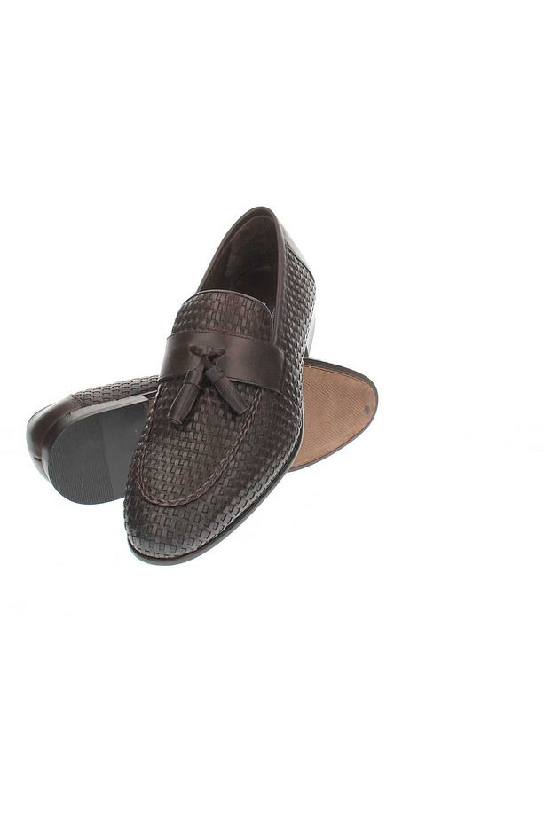 KAHVE EL ÖRGÜLÜ DERİ ERKEK LOAFER AYAKKABI - KÖSELE TABAN - 3