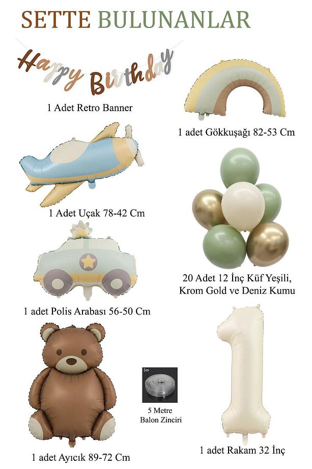 Retro 1 Yaş Doğum Günü Seti; Uçak, Araba, Gökkuşağı, Ayıcık ve 20 Adet Lateks Balon Set - 2